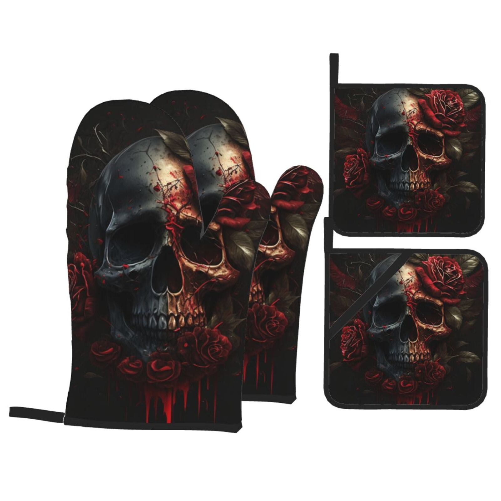 Blood Skull Roses 4Pcs Oven Mitts and Pot Holders Sets Oven Kitchen Gloves Hot Pads for Cooking BBQ Baking Grilling