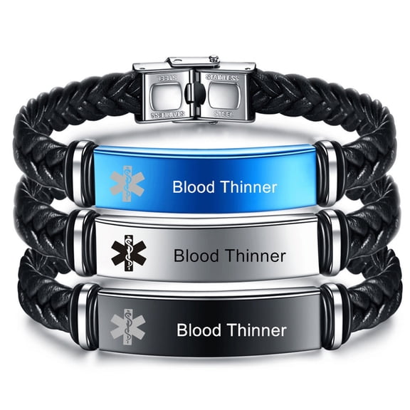Blood Thinner Medical Bracelets for Men,3Pcs Personalized Leather Medic ID Wristbands Caduceus Emergency Diabetic Epilepsy Allergy Jewelry with Med Wallet Insert Card