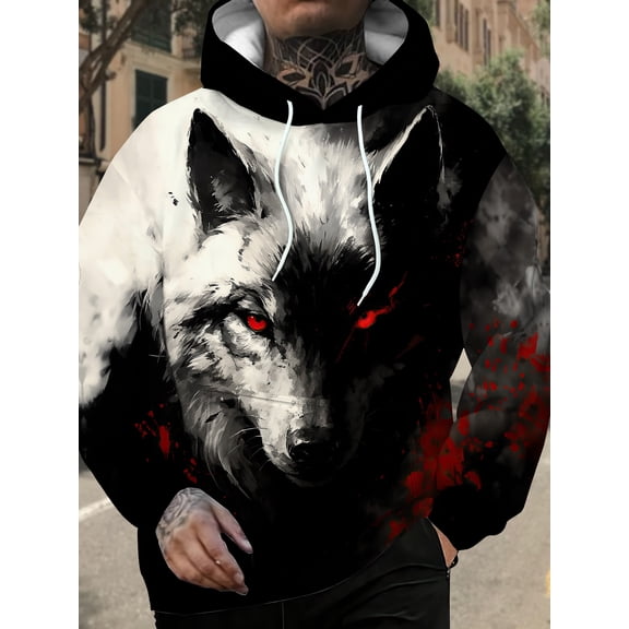 Blood-Tinted Wolf Roar Printed Hoodie, Dark Trendy Eye-Catching Item, Casual Sweatshirt, Long Sleeve Hoodie, Men's Boutique Fashion, Fashionable Casual Sweatshirt