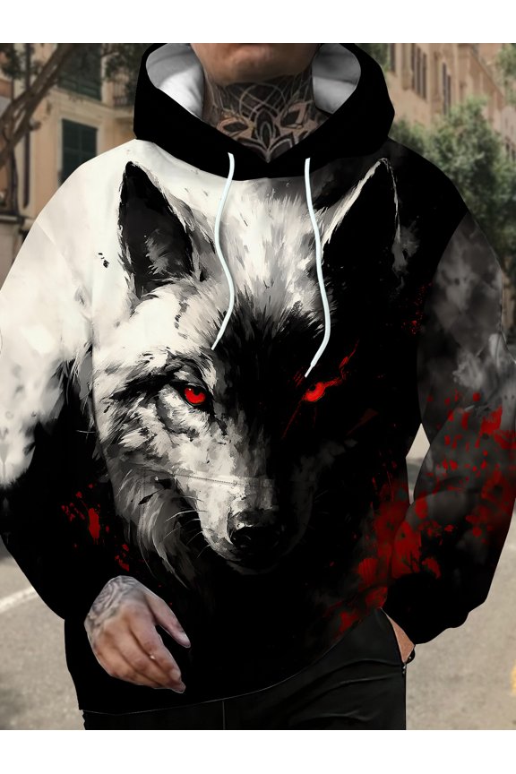 Blood-Tinted Wolf Roar Printed Hoodie, Dark Trendy Eye-Catching Item, Casual Sweatshirt, Long Sleeve Hoodie, Men's Boutique Fashion, Fashionable Casual Sweatshirt