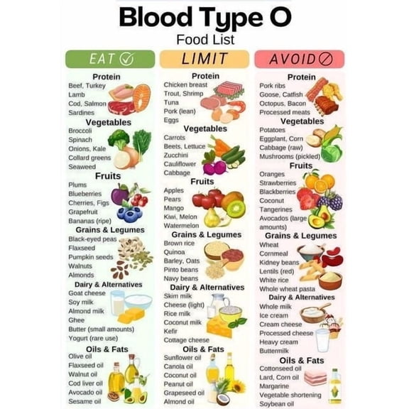 Blood Type O Food List poster Blood Type O Diet Foods Chart poster Blood Group O Diet Food Kitchen Poster, Blood Type O Grocery List