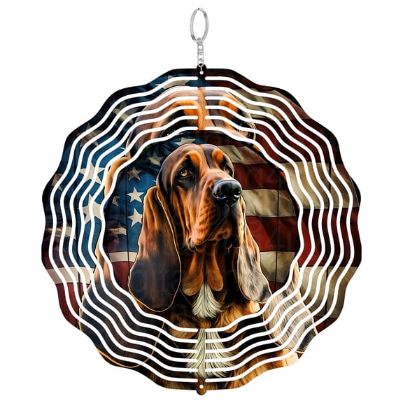 Bloodhound And Flag USA 3D Wind Spinner Kinetic Hanging Garden Decor Stainless Steel Yard