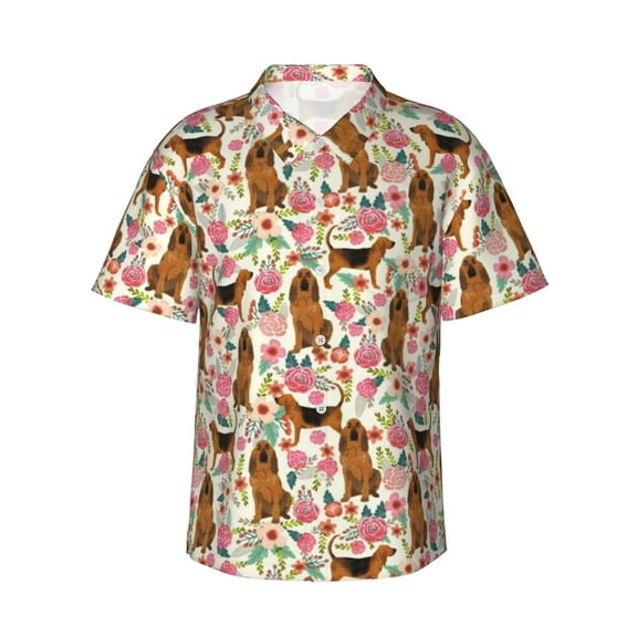 Bloodhound Dog Floral Flower Men'S 3d Print Casual Button Down Shirts, Novelty Hawaiian Short Sleeves L