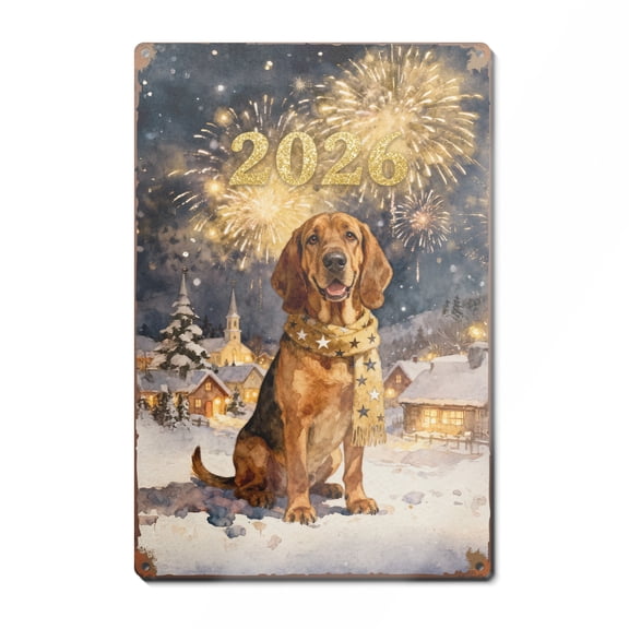Bloodhound Happy New Year 2026 with Fireworks on New Year's Eve Vertical Metal Aluminum Sign Dog Lover Wall Art Home Decor - 12022