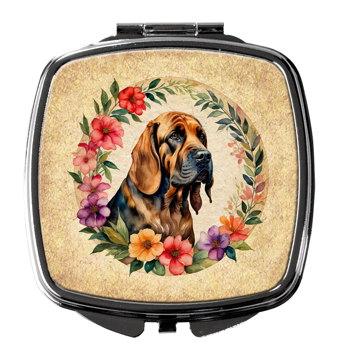 Bloodhound and Flowers Compact Mirror 2.75 in x 3 in