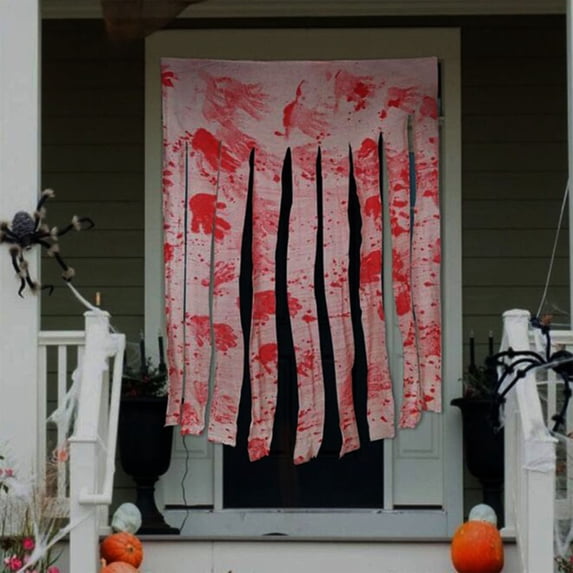 Bloodstained Halloween Curtain with Terrifying Handprint Design, Gauze Fabric Door Window Cover, Spooky Party Scary Decor