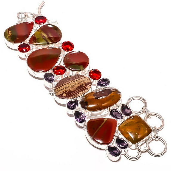 Bloodstone & Garnet 925 Silver Plated Ethnic Bracelet 7-7.99" TB0-335, Valentine's Day Gift, Birthday Gift, Beautiful Jewelry For Woman & Girls