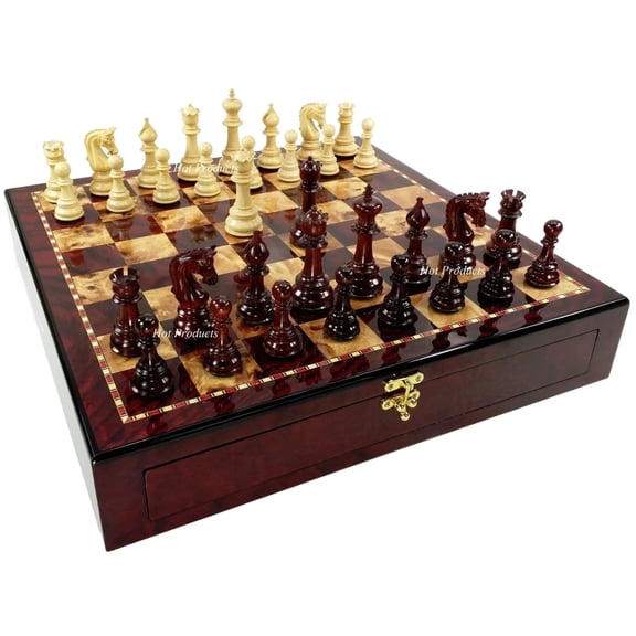 Bloodwood Box Wood Large Staunton LUXURY Chess Set Cherry Color Storage Board