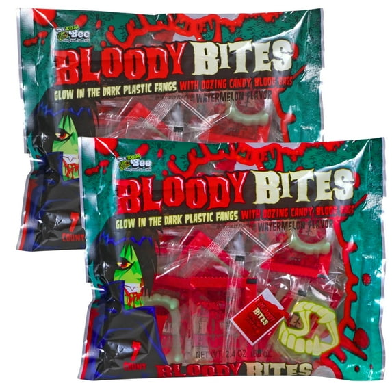 Bloody Bites Watermelon Vampire Novelty Candy 2.4Oz Vampire Teeth Snack Individually Wrapped Trick or Treat Candies Halloween Party Favor Basket Bag Fillers Stocking Stuffer Dessert Bars Pack of 2