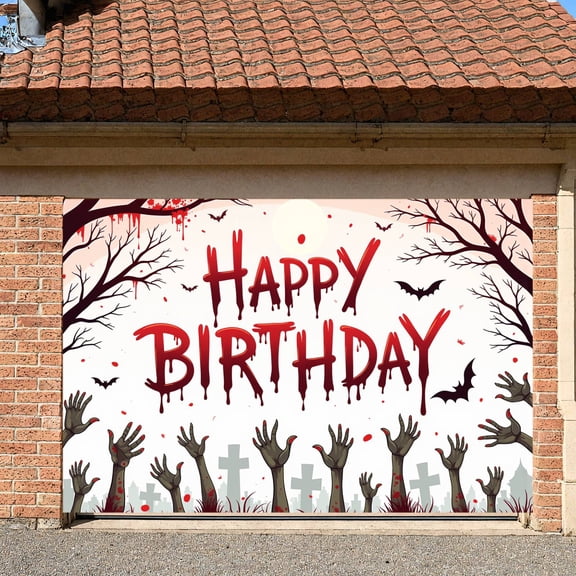 Bloody Design  Banner Bat Pattern Horror Birthday Display Zombie Hands Tombstone Elements Spooky Birthday Backdrop for Halloween Birthday Party Horror Themed Party Zombie Celebration
