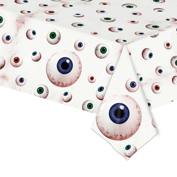 Bloody Eyes Tablecloth - 54x108 Inches Disposable Red Splatter Themed Plastic Table Cover with Red Handprints for Halloween Horror-Themed Party Decorations, and Scary Movie Nights