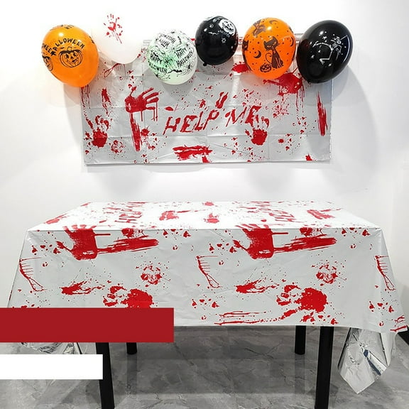 Bloody Handprint Tablecloth - 54x108 Inches Disposable Red Splatter Themed Plastic Table Cover with Red Handprints for Halloween Horror-Themed Party Decorations, and Scary Movie Nights
