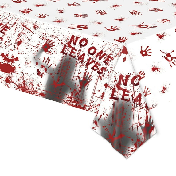 Bloody Handprint Tablecloth - 54x108 Inches Disposable Red Splatter Themed Plastic Table Cover with Red Handprints for Halloween Horror-Themed Party Decorations, and Scary Movie Nights