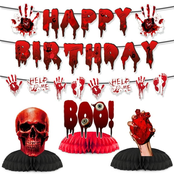 Bloody Happy Birthday Banner Decoration, Horror Handprint Garland for Scary Themed Party, Halloween, Zombie Event, Creepy Haunted House, Spooky Birthday Supplies, Indoor Outdoor Decor
