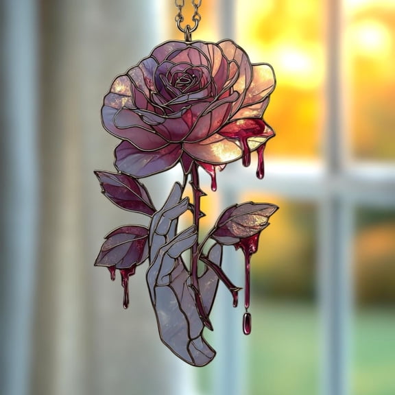 Bloody Rose Hand Faux Stained Glass Acrylic Suncatcher, Gothic Flower Window Hanging, Spooky Romantic Halloween Decor Gift