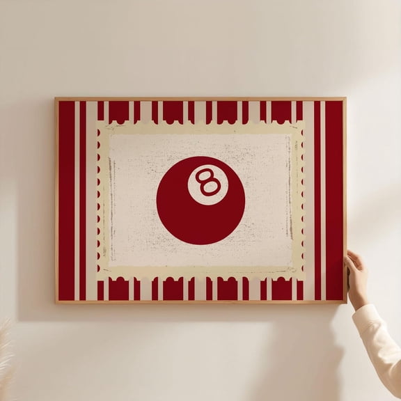 Bloody Vintage Red Lucky 8 Eight Ball Print, Vintage Stripped Pattern Horizontal Landscape Art For Aesthetic Bedroom Wall Decor #2489, Unframed Canvas Size 12x18