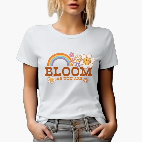 Bloom As You Are, 90s Retro Flower with Smile & Rainbow Art Merch Gift, White T-Shirt, Small