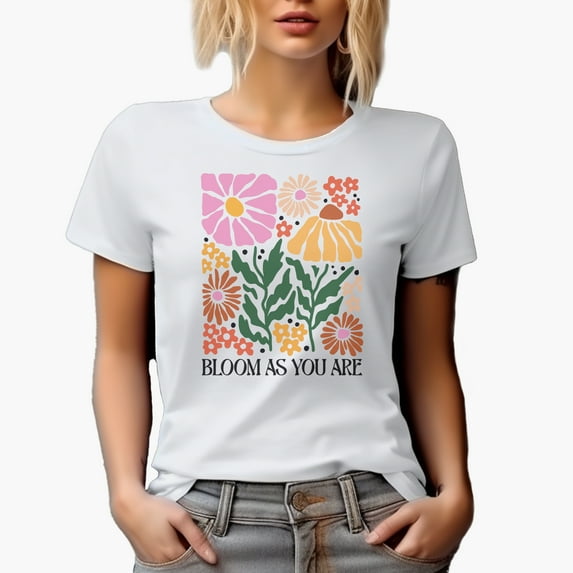 Bloom As You Are, Botanical Boho Flowers Art Merch Gift, White T-Shirt, Large
