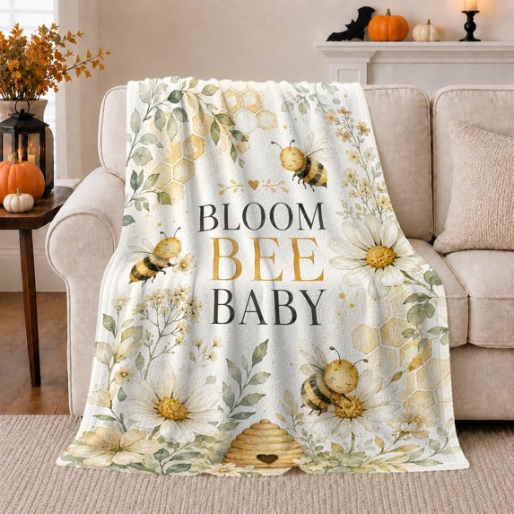 Bloom Bee Baby Quote with Smiling Bees Daisies and Honeycomb, Cheerful Watercolor Garden Style for New Parents, Soft Flannel Blanket for Nursery and Playroom, Baby Shower Gift, Home Decor