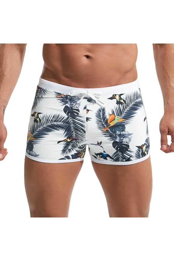 Bloom Chic Swimwear Flat Front Printed Trunks Colour Block Beach Clothes for Men,White,2XL