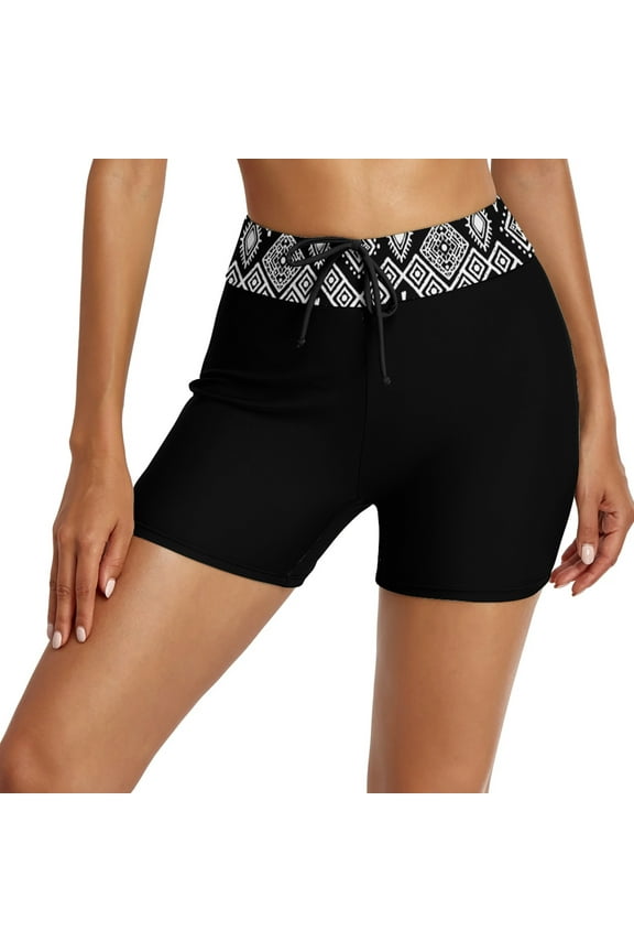 Bloom Chic Swimwear Printed High Waist Ing Loose Tight Belt Yoga Short Workout Clothes for Women,Black,L