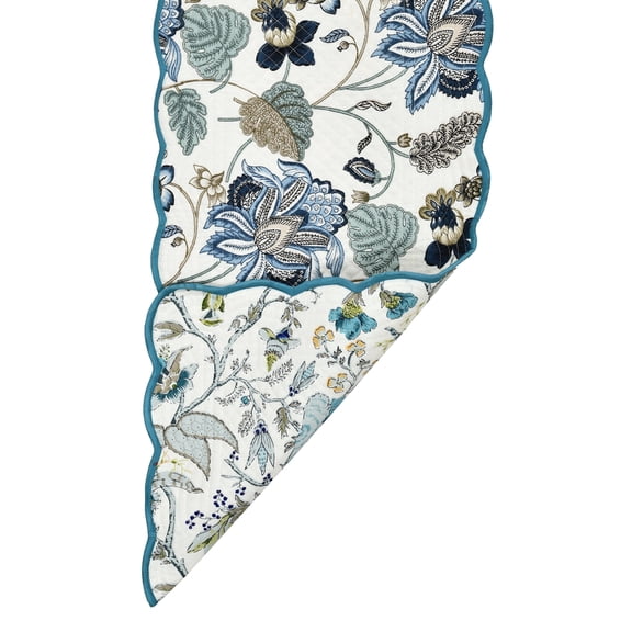 Botanical Blues - Bloom Collection Luxury Handcrafted Runner (Reversible) Cotton Quilted Fabric Machine Washable  Elegant Home Decor  14 x 72 inches