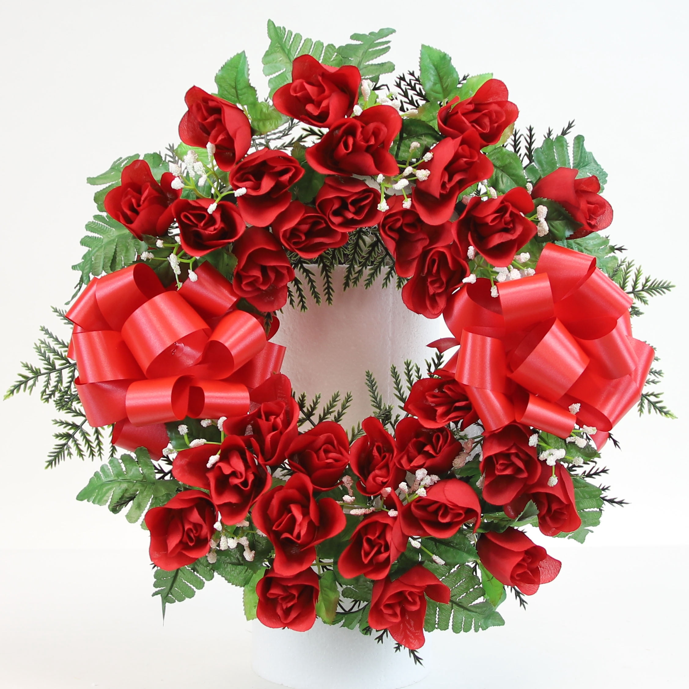 Bloom Décor 15" Artificial Memorial Rosebud & Gypsophilia Cemetery Wreath