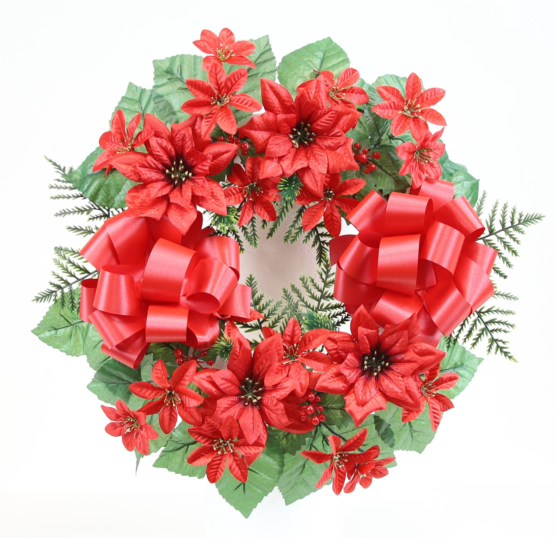 Bloom Decor 15" Artificial Memorial Christmas Poinsettia & Pine Cemetery Wreath