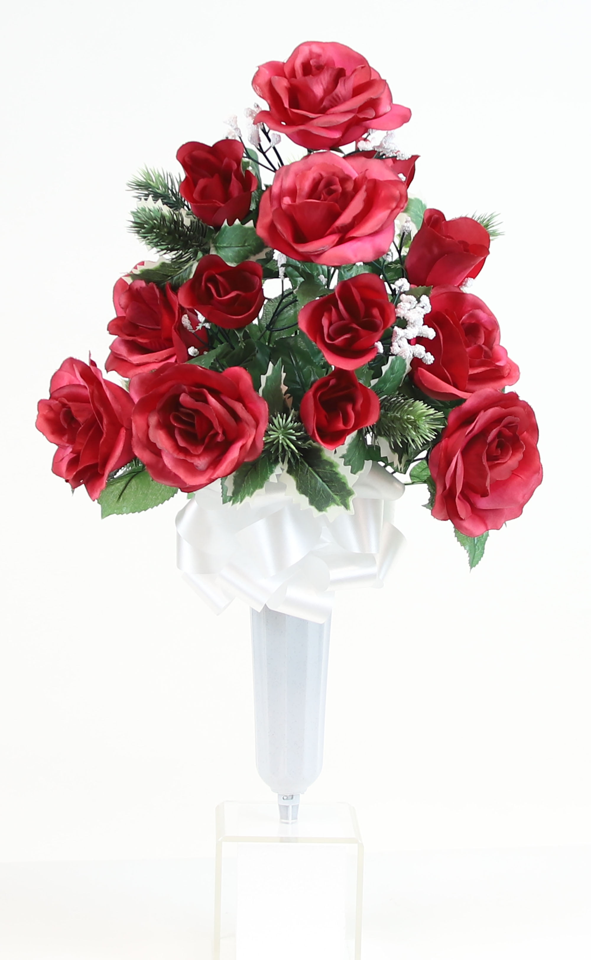 Bloom Decor 26" Artificial Memorial Christmas Rose & Holly Cemetery Vase