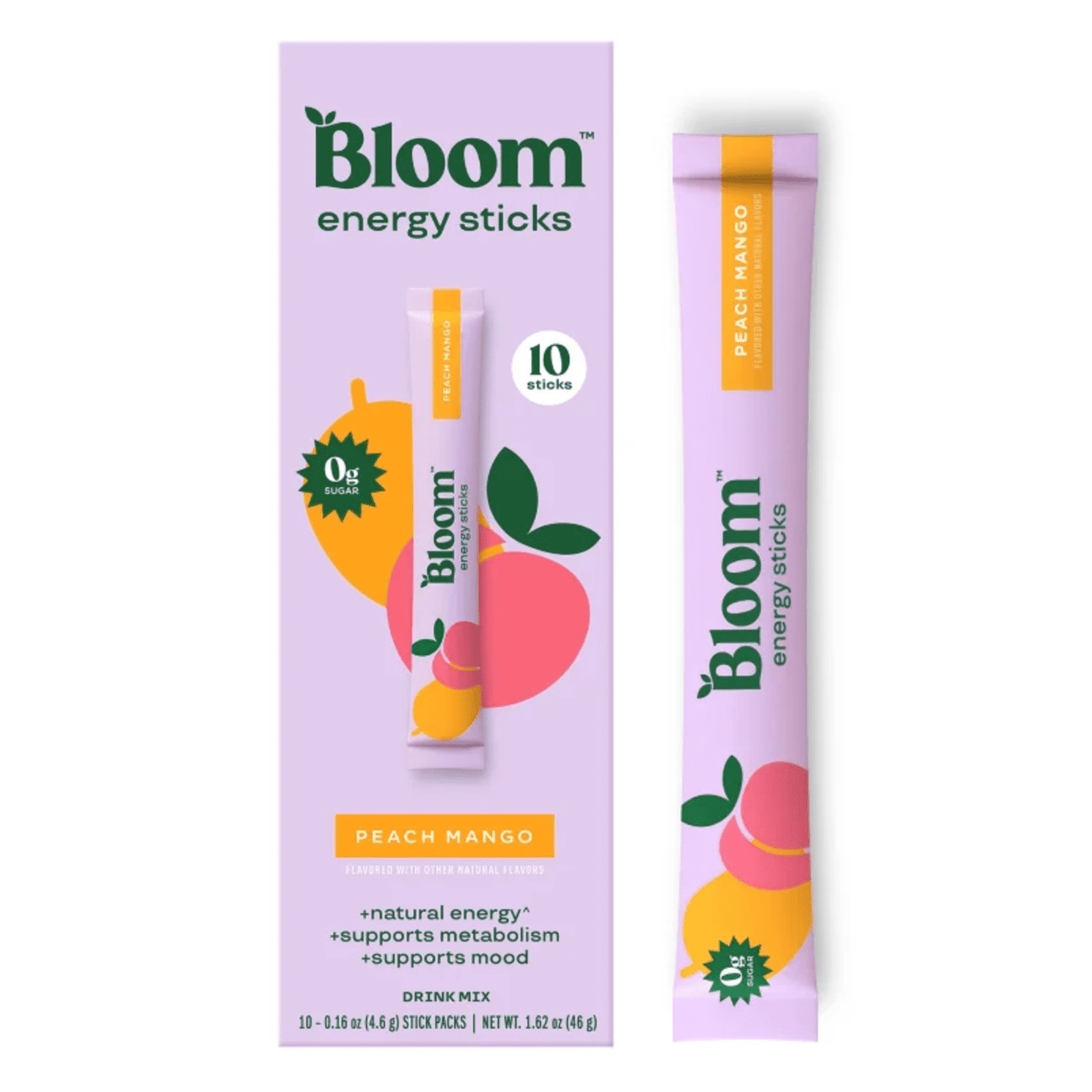Bloom Nutrition Energy Powder Drink Mix, Peach Mango, 10 Count
