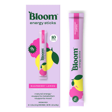 Bloom Nutrition Energy Powder Drink Mix, Sugar Free, Raspberry Lemon, 10 Count