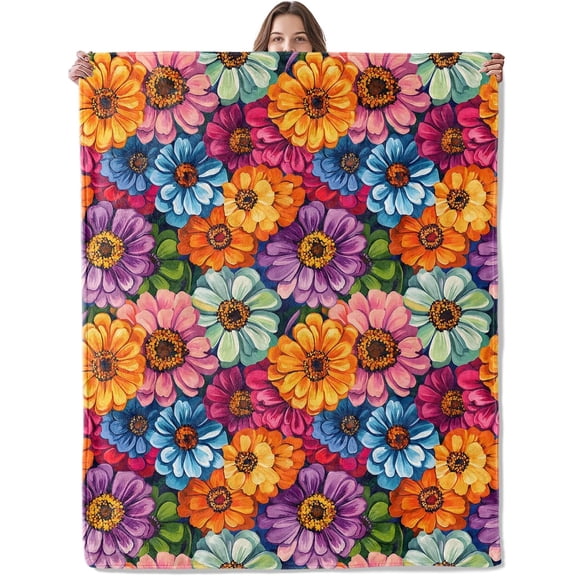 Bloom Floral Blanket, Lightweight Comfy Vibrant Flower in Rainbow Colors Blankets for Couch Sofa Bedroom, Soft Plush Travel Flannel Throw Blanket Gifts for Women Adults Kids, Home Decor 50×40in