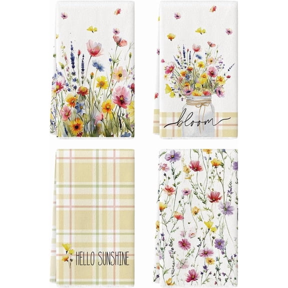 Bloom Floral Hello Sunshine Spring Kitchen Towels Dish Towels, 18x26 Inch Farmhouse Summer Decoration Cleaning Set of 4