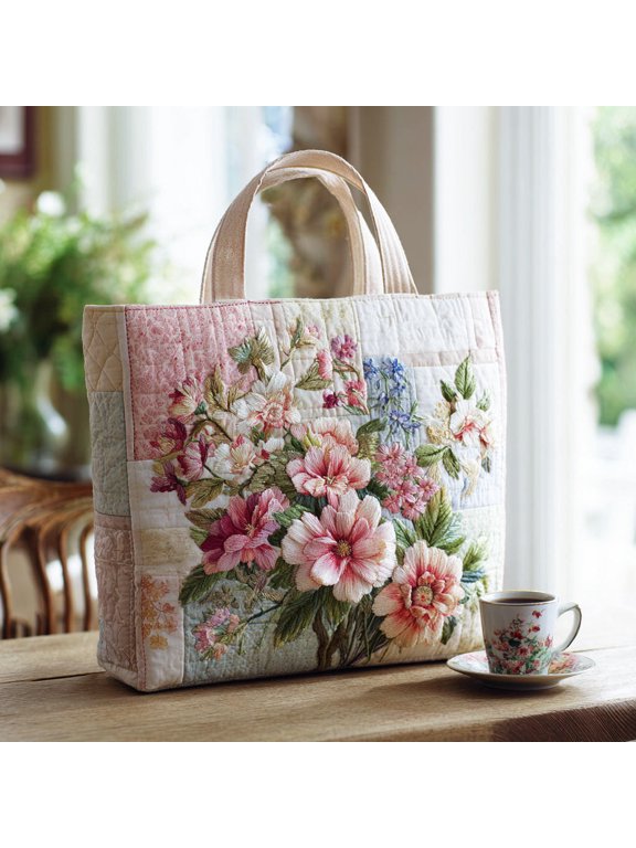 Bloom Flower Quilted Tote Bag, Botanical Shoulder Carryall, Casual Daily Tote, Floral Gift for Her