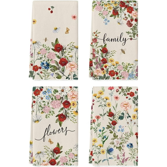 Bloom Flowers Leaves Spring Kitchen Towels Dish Towels, 18x26 Inch Farmhouse Summer Floral Decoration Hand Towels Set of 4