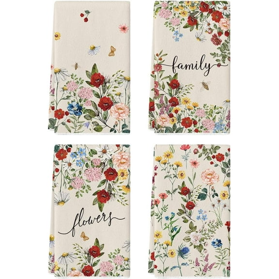 Bloom Flowers Leaves Spring Kitchen Towels Dish Towels, 18x26 Inch Farmhouse Summer Floral Decoration Hand Towels Set of 4