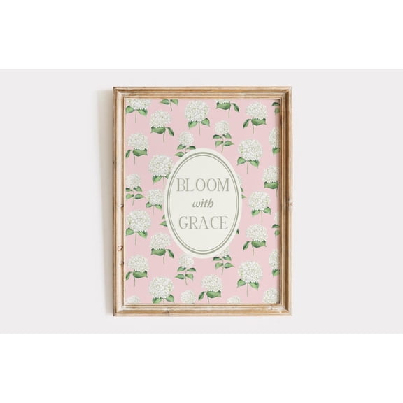 Bloom With Grace Floral Wall Art Print, Elegant White Hydrangea On Blush Pink Background, Inspirational Quote Print Or Home Decor #2240, 12x18 UNFRAMED