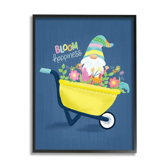Bloom Happiness Phrase Yellow Flower Wagon Gnome Botanical & Floral Graphic Art Framed Art Print Wall Art