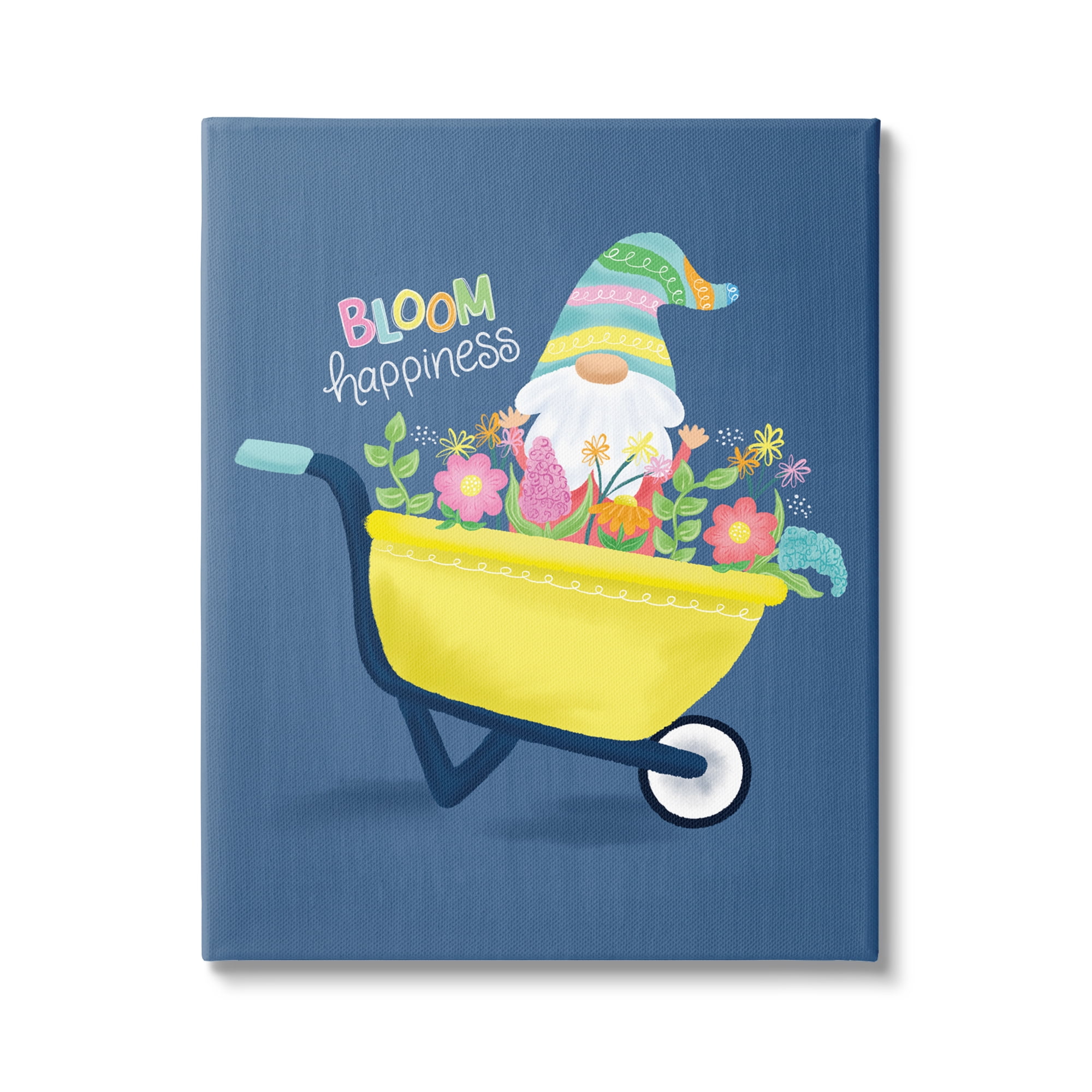 Bloom Happiness Phrase Yellow Flower Wagon Gnome Botanical & Floral Graphic Art Gallery-Wrapped Canvas Print Wall Art