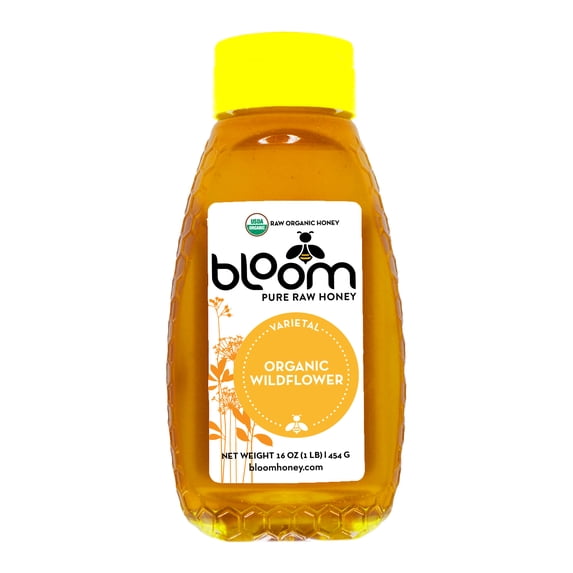 Bloom Honey Organic Wildflower - 100% Pure Organic Honey Raw Unfiltered and Unpasteurized Raw Honey - 16oz Squeeze Bottle