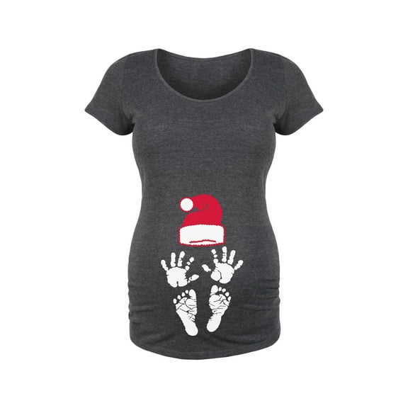 Bloom Maternity - Hand Foot Prints Santa Hat - Maternity Scoop Neck T-Shirt
