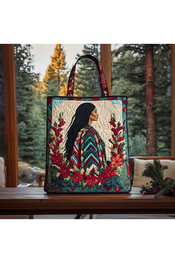 Bloom Native Woman Quilted Tote Bag, Cultural Art Shoulder Bag, Reusable Errand Bag, Unique Statement Gift for Her