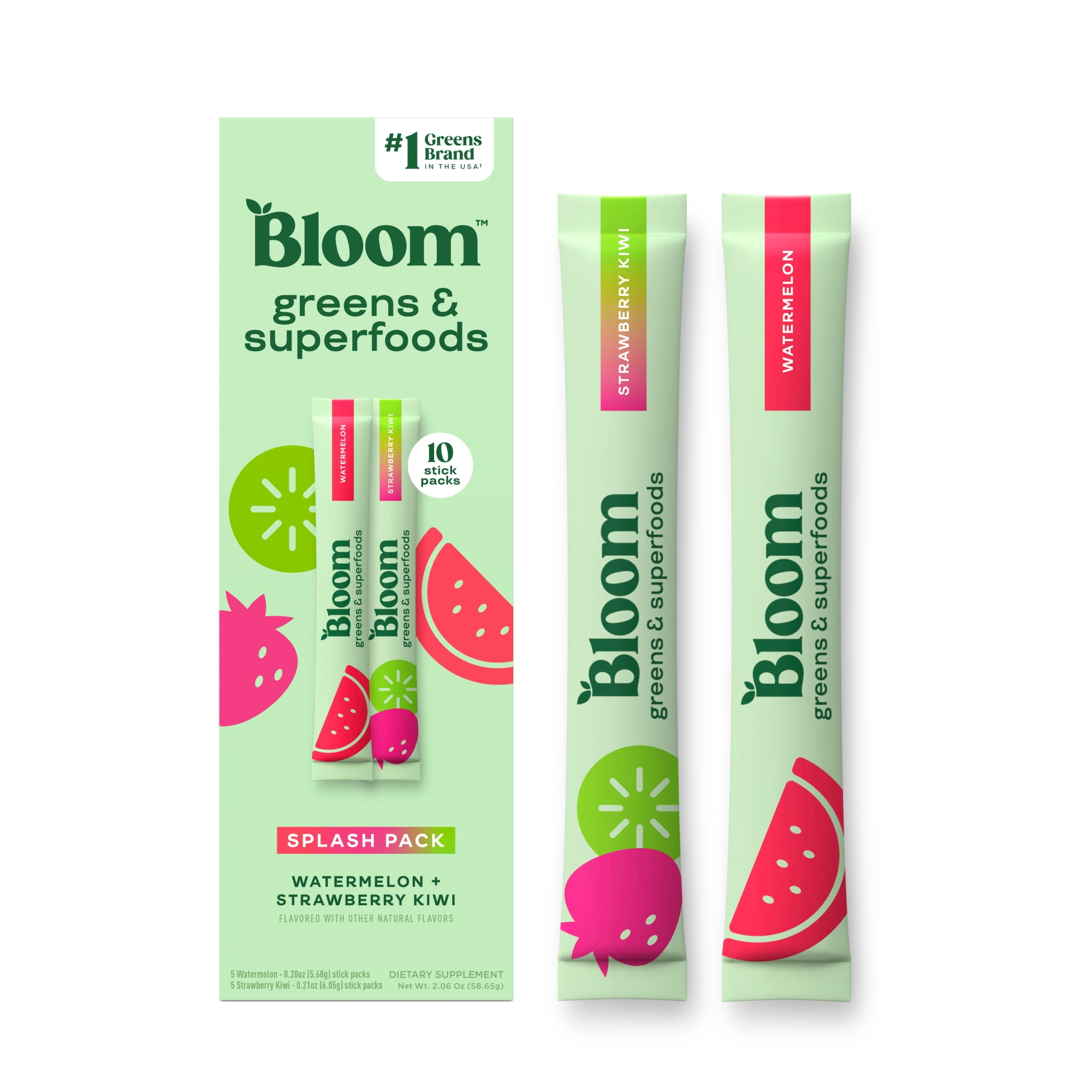 Bloom Nutrition Greens & Superfoods Powder Sticks (Watermelon, Strawberry Kiwi) 10 Count