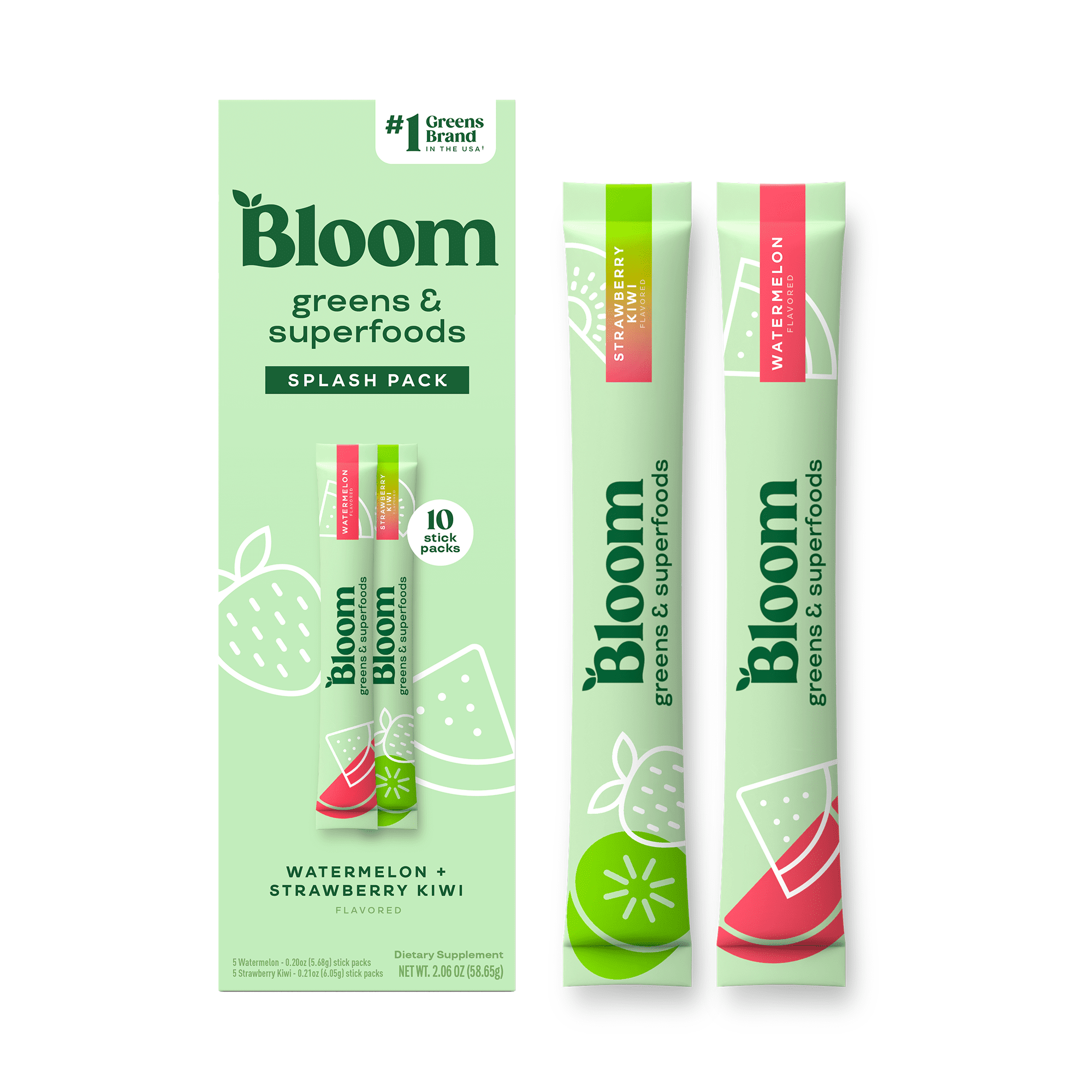 Bloom Nutrition Greens & Superfoods Powder Sticks (Watermelon, Strawberry Kiwi) 10 Count
