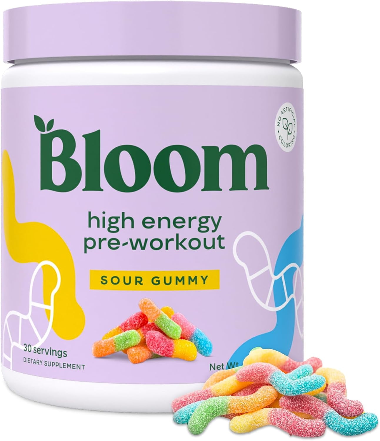 Bloom Nutrition High Energy Pre-Workout Powder, Sour Gummy, 30 Servings
