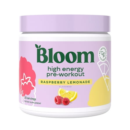 Bloom Nutrition High Energy Pre-Workout, Raspberry Lemonade Flavor, 25 Servings