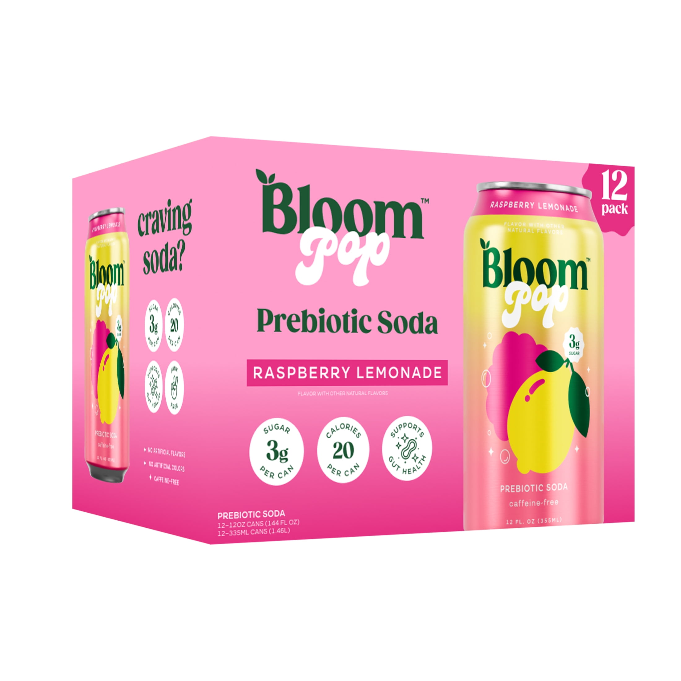 Bloom Pop Prebiotic Soda, Raspberry Lemonade, 12 fl oz, 12 Pack ...