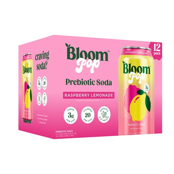 Bloom Pop Prebiotic Soda, Raspberry Lemonade, 12 fl oz, 12 Pack ...