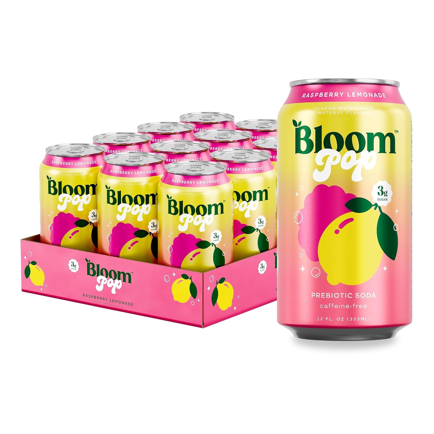 Bloom Pop Prebiotic Soda, Raspberry Lemon, 12-Pack, 12oz Cans