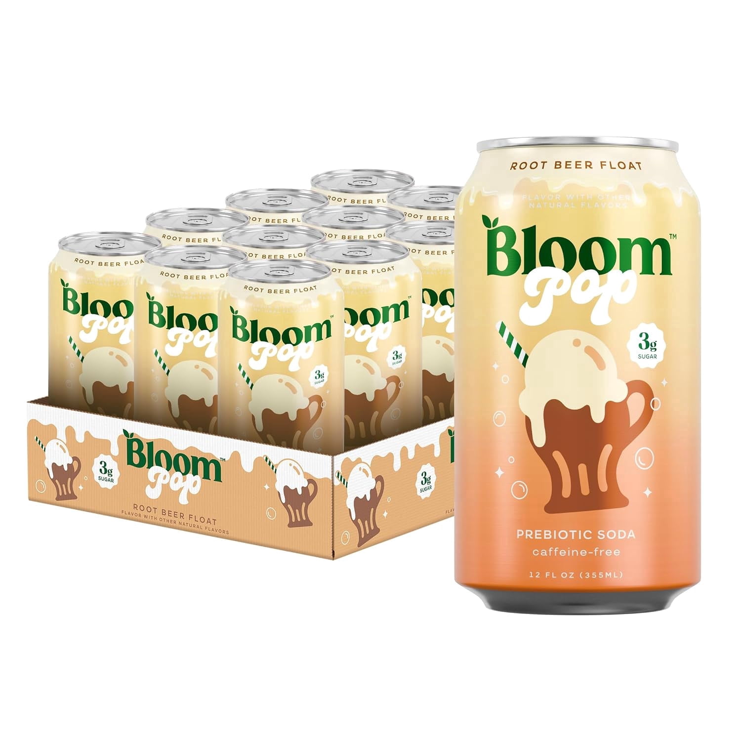 Bloom Pop Prebiotic Soda, Rootbeer Float, 12-Pack, 12oz Cans, No Caffeine